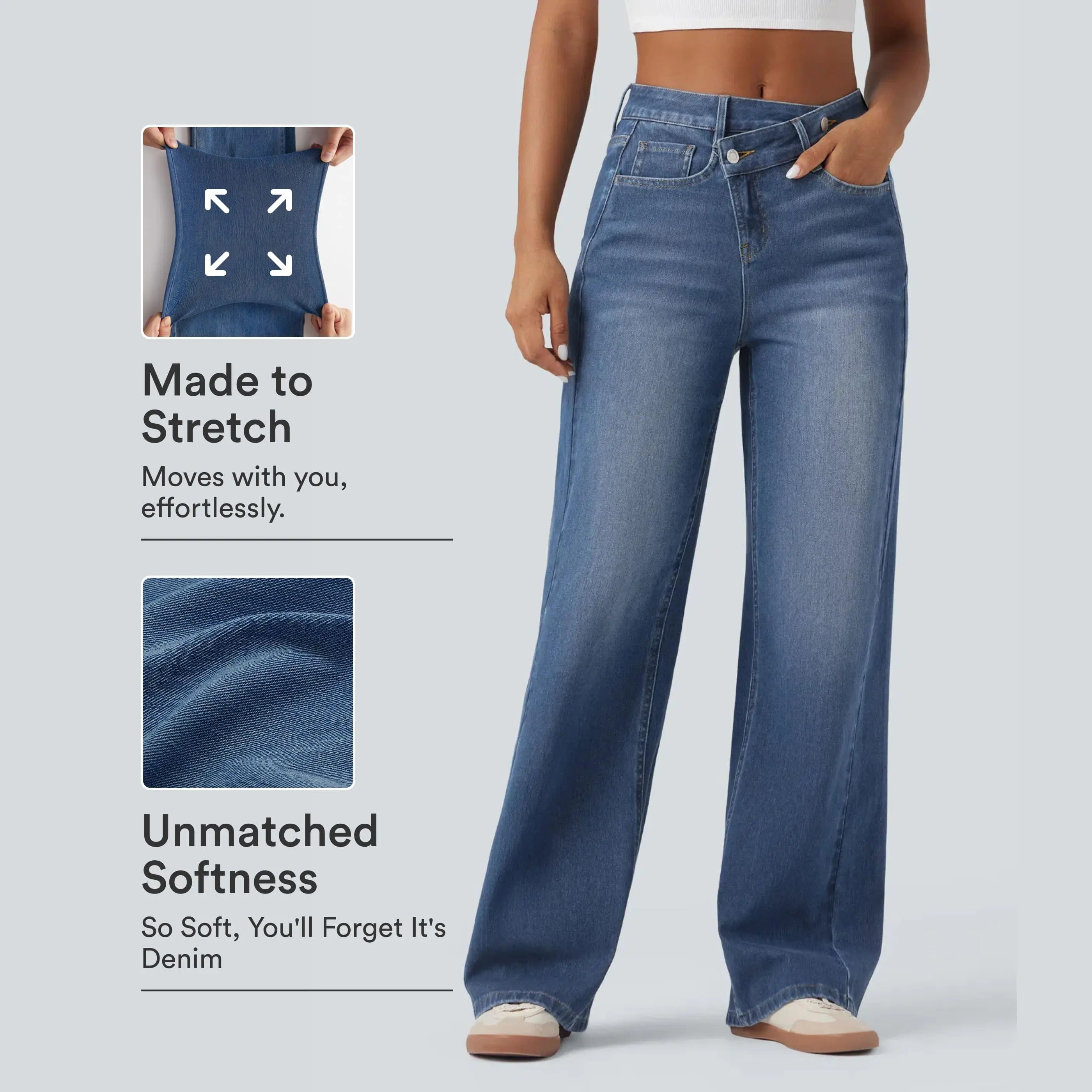 Halara Flex Asymmetric High Waisted Washed Casual Baggy Jeans with Pockets Halara Flex Asymmetric High Waisted Washed Casual Baggy Jeans with Pockets