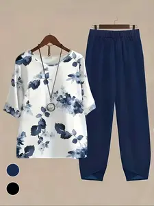 Fashion Round Neck Short Sleeve Floral Top and Patchwork Print Pants Set, Casual Loose Two-Piece Outfit for Outdoor Indoor Commuting Women Womenswear