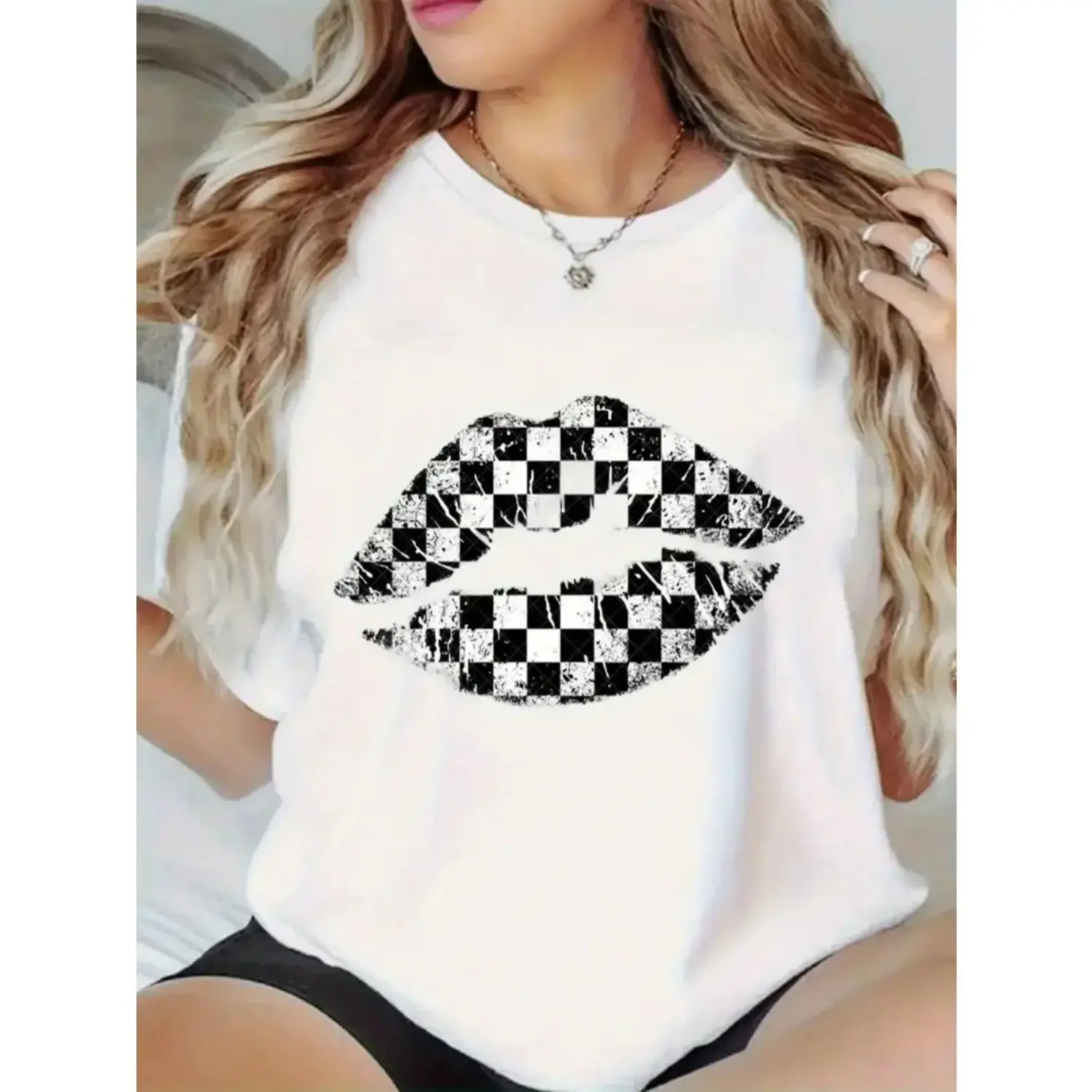 Women's Cotton Short-Sleeve Graphic T-Shirt - Black and White Checkered Lips Print, Crew Neck, Soft Breathable Chic Style Everyday Casual Summer Streetwear Tee, Shortsleeve Chic Style Women's T-Shirts Top, Tshirt, Checkerboard Print Women's T-Shirts