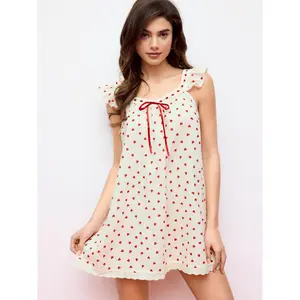 Cider Heart Graphic Bowknot Ruffled Lace Trim Mini Nightdress