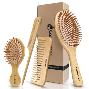 King Estore 4 Pcs Hair Brush Set, Natural Bamboo Comb Paddle Detangling Hairbrush, Wide-tooth and tail comb No Bristle, suit for Women Men and Kids Thick/Thin/Curly/Dry Hair Gift kit