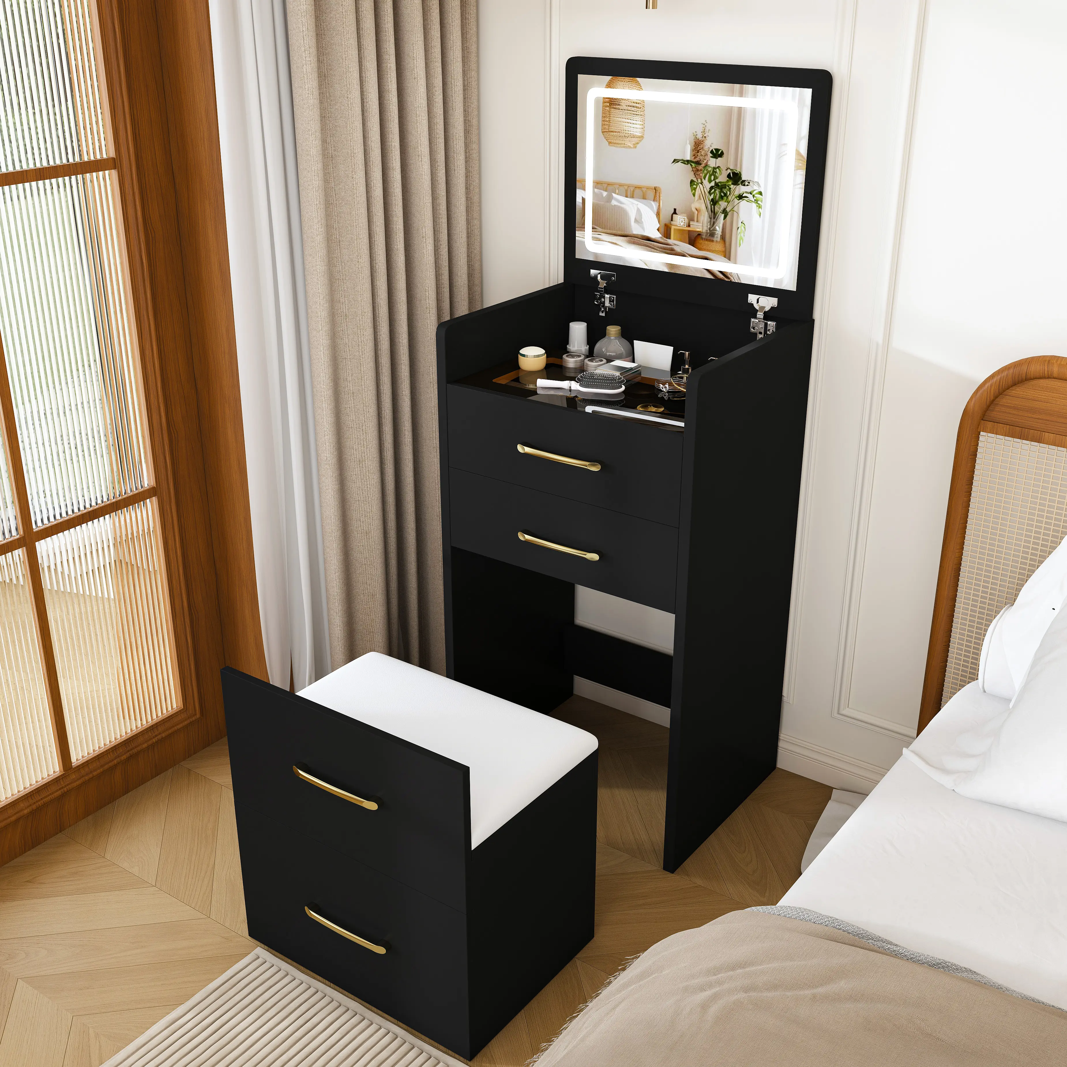 3-in-1 Furniture-Style Vanity Desk - Compact Dressing Table with Flip-Up Mirror, Glass Visible Desktop, 3 Drawers, Stool, Vanity Organization, Storage for Small Space Living, Apartments, Nightstand Use