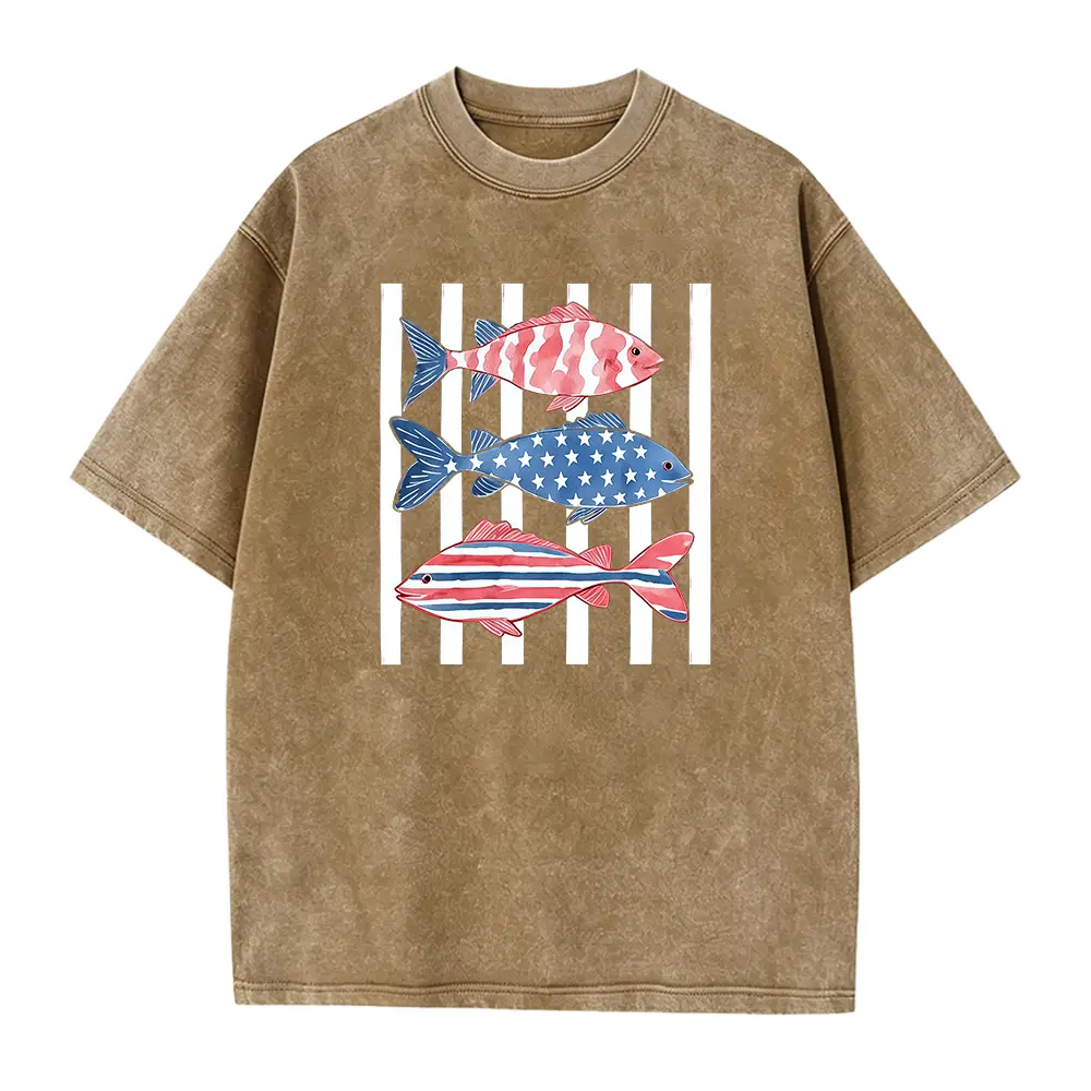 Patriotic Fish Trio, Red White Blue Coastal Fish, Americana Summer Fishing, Watercolor Nautical T-shirt