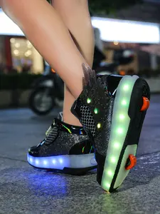 Spring Summer Roller Skates, Rechargeable LED Lights, Angel Wings Design, Adjustable Velcro, Detachable Wheels, Versatile Board Shoes