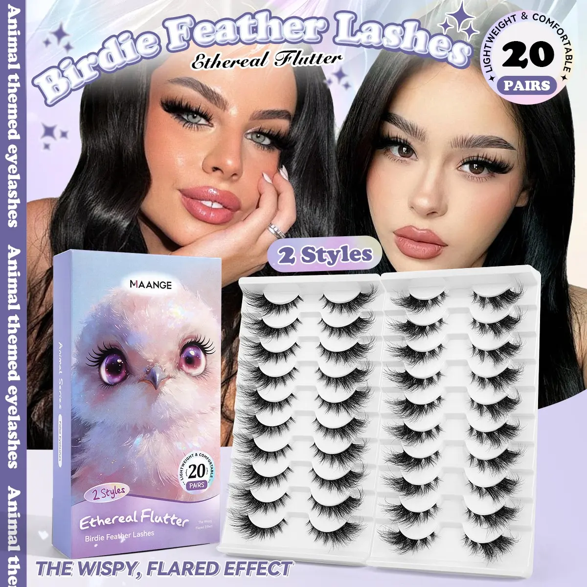 MAANGE 20 Pairs Birdie Feather False Lashes, C Curl Wispy Flared Style, Lightweight & Comfortable, 2 Styles Mixed, Natural Ethereal Flutter Effect, Reusable Faux Mink Lashes for Daily & Party Makeup