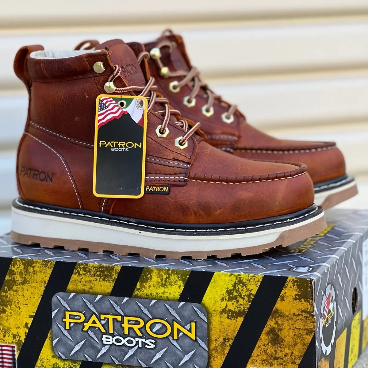 Patron Boots 714 Light Brown Moc Toe Work Boots - Full Grain Leather, Dual Sole, Rubber Sole, Speed Hooks, Comfortable Insert - Boy, Closed