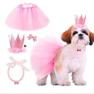 Pink Dog Birthday Outfit Set - Includes Tutu Hat Collar & Bow Hairpin - Perfect for Parties & Photos - Fits 16-23 Inches - High-Quality Decorative Set for Your Pet's Special Day