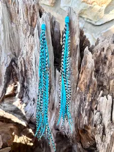 Turquoise Black White Feather Earrings 8 Inch | Grizzly Statement Feather Earrings | Boho Earrings