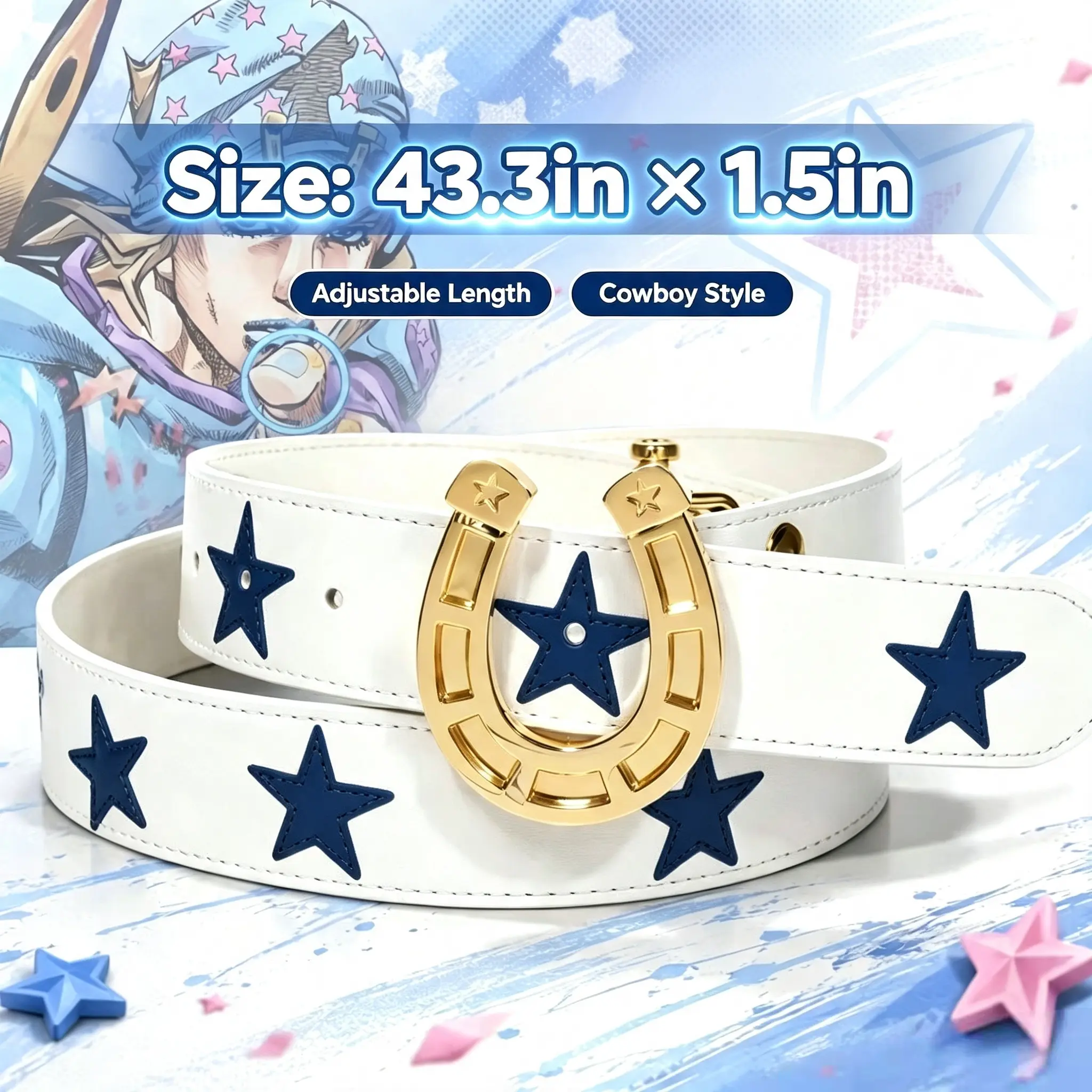 Inkhausstore-Inkvaultarchive JoJo's Bizarre Adventure Retro-Punk Style: Star-Embellished Leather Belt with Horseshoe-Shaped Buckle (Blue & White Color-Block Design)