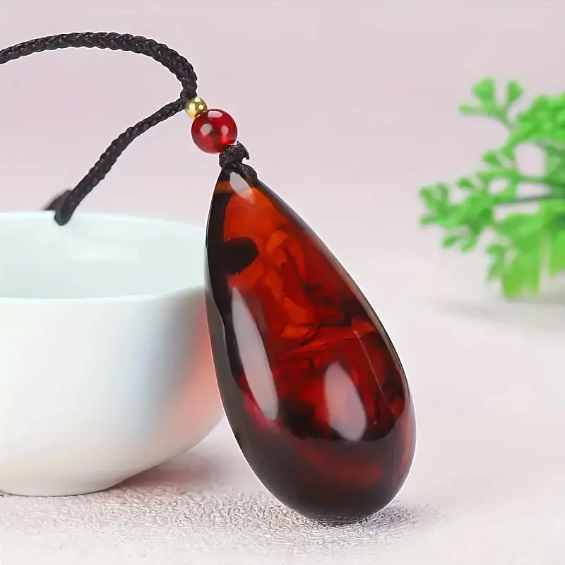 Women's Elegant Natural Baltic Amber Teardrop Pendant Necklace - Female Costume Jewelry with Golden-Tone Chain, Black Cord, Red Bead Accent, Bohemian Vintage Style, for Daily Casual Attire, Nurse's Day Gifts