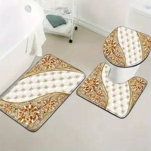 3pcs Nordic Luxury Series Golden Diamond Floral Pattern Bathroom Mat Set with Toilet Lid Cover and U-Shaped Foot Mat