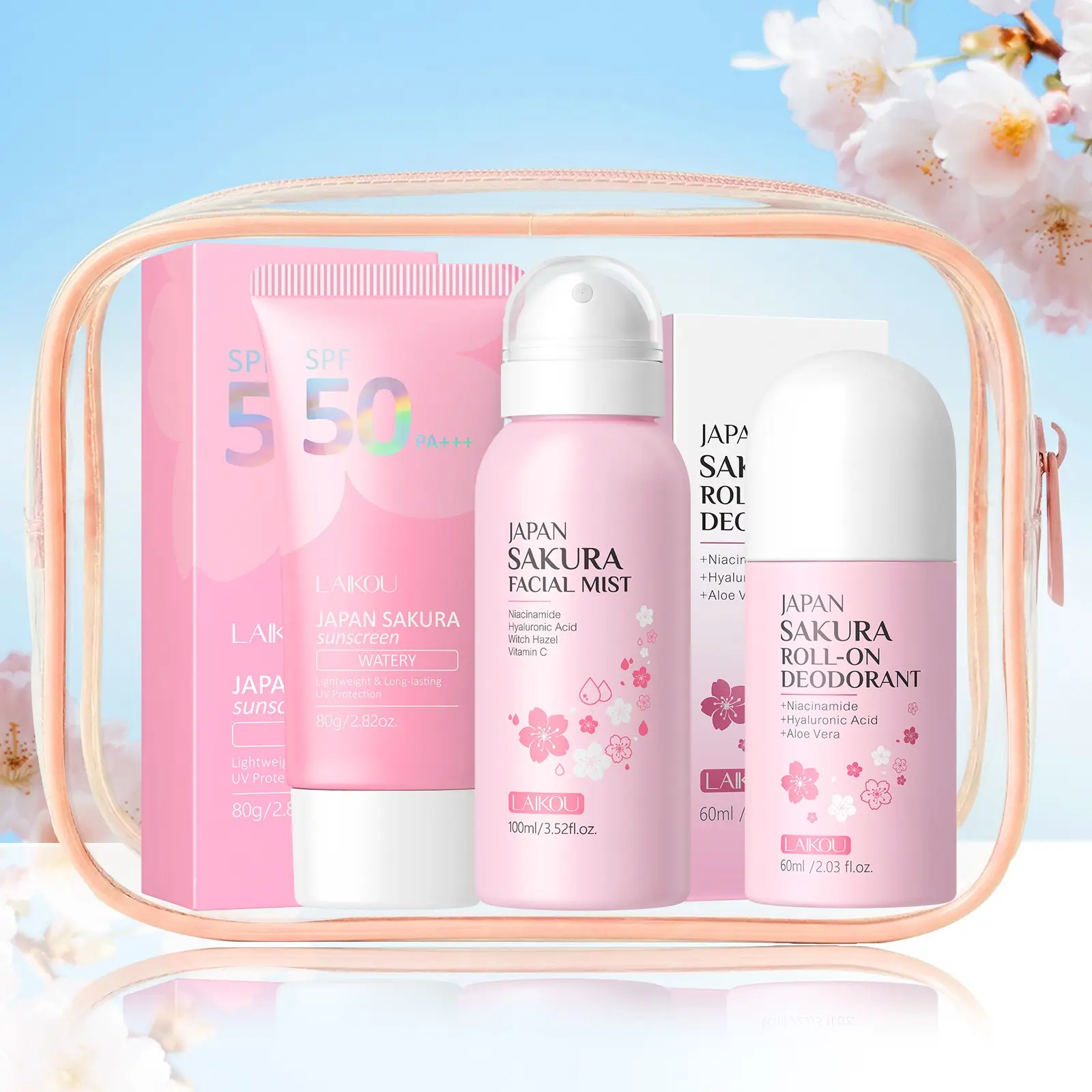 LAIKOU Japan Sakura On-the-Go Care Set, SPF50/PA+++ Watery Sunscreen, Hydrating Facial Mist & Long Lasting Roll-On Deodorant