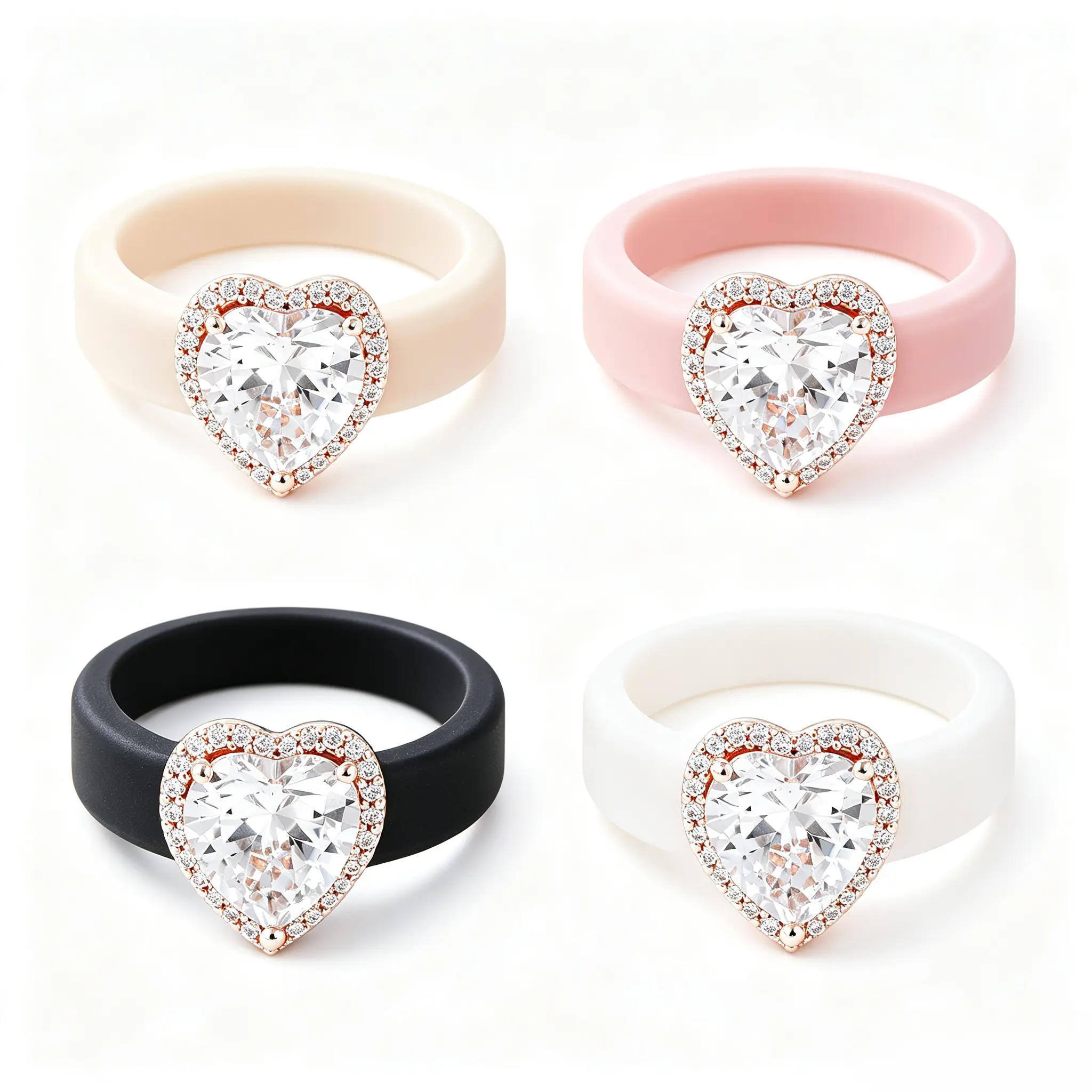 Women Heart Halo Cubic Zirconia Silicone Ring, Rose Gold Plated Sparkly Heart CZ Rubber Band Ring, Medical Grade Flexible Silicone Wedding Ring, Multi Color Comfort Stackable Engagement Ring Gift