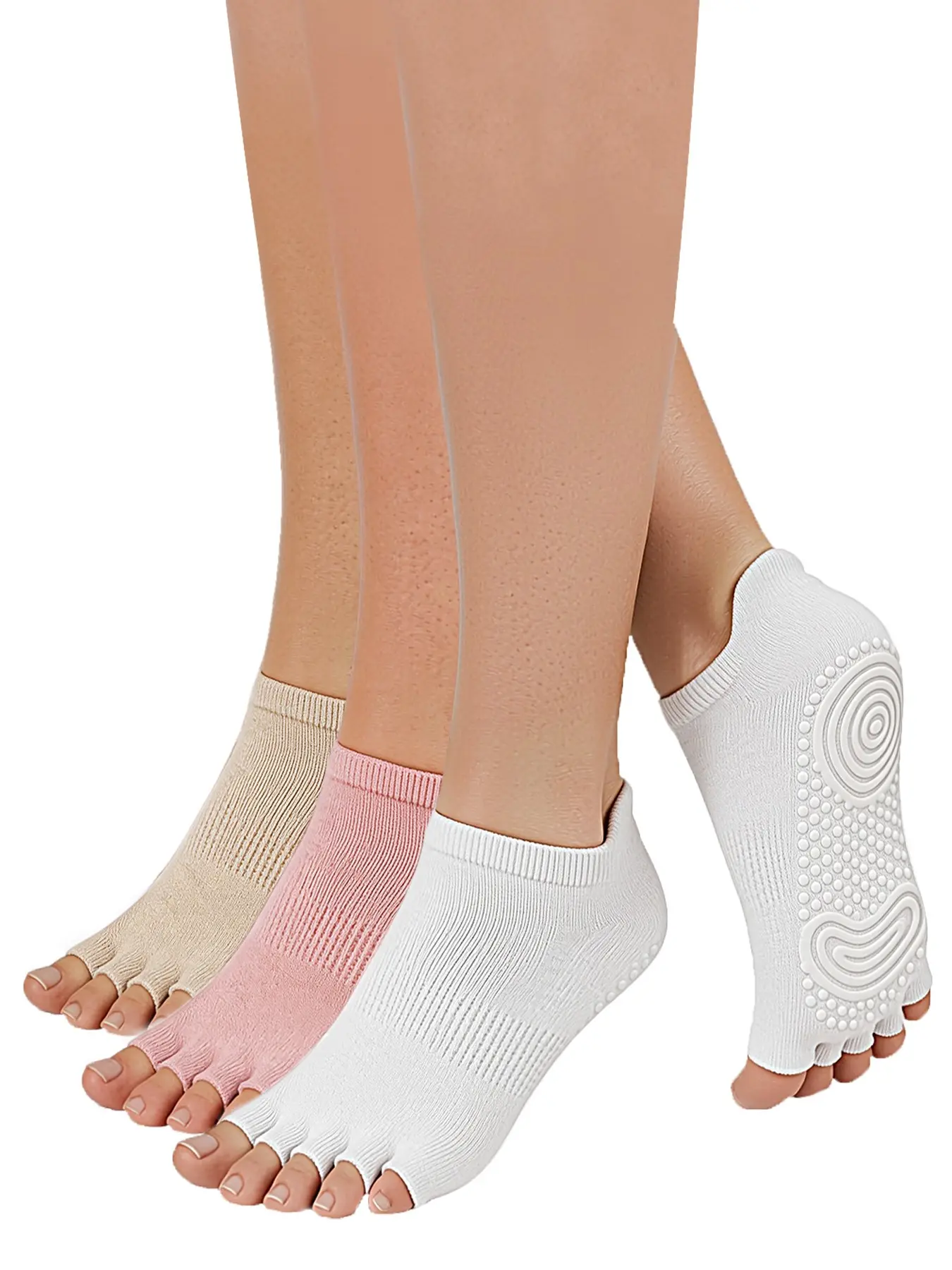 3 Pairs Women's Toeless Pilates Socks, Non-Slip Five Toe Yoga Socks with Silicone Grips, Half Toe Grip Socks for Superior Balance & Barre, Polyester Athletic Socks, Training Socks