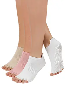 3 Pairs Women's Toeless Pilates Socks, Non-Slip Five Toe Yoga Socks with Silicone Grips, Half Toe Grip Socks for Superior Balance & Barre