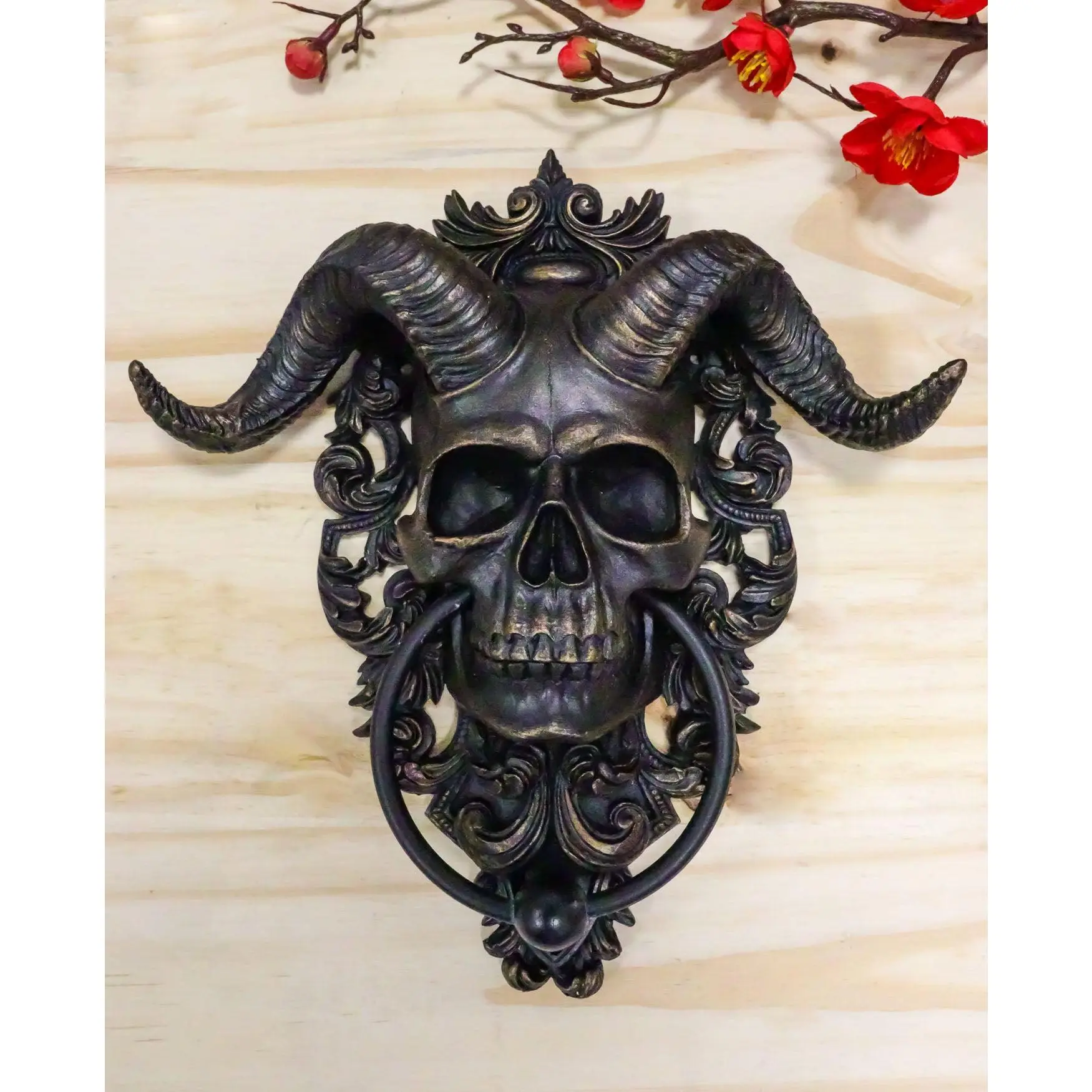 Ebros Baphomet Horned God Skull Hanging Door Knocker with Built in Striker Plate
