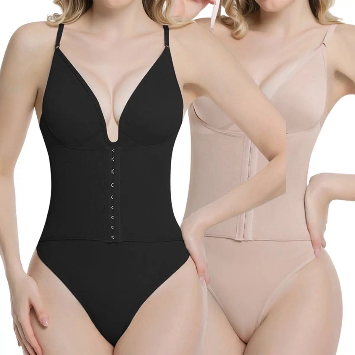 2-piece set, women’s shapewear bodysuit, elastic compression, tummy control waist cincher, bust lift, women’s compression shaping body suit, minimalist solid color, sexy triangle-zone shapewear