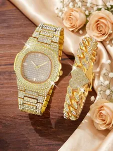 2pcs Elegant & Ladies Alloy Strap Quartz Watch With Date Function, Rhinestone & Heart Alloy Bracelet Watch Set Valentines, Fashion Watches