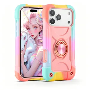 Hard Armor Grip Case Compatible with iPhone 17  16 15 14 13 12  Pro Max Plus 360° Swivel Ring Stand, Drop Resistant Full Body Rugged Case 3-In-1 Protective Durable Case