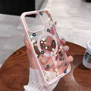 Full screen  and white floral pattern MagSafe Case for iPhone 17 Pro Max Air 16 16e 15 14 Plus 13 12 11 X XS Pattern Acrylic Back TPU Edges Shockproof Ultra Thin Mobile Phone Cover Gift