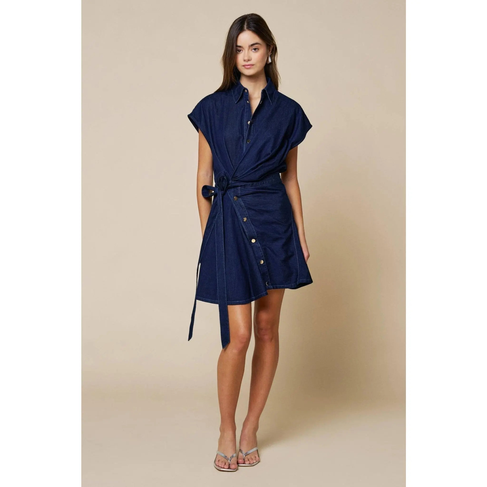Lalavon - Denim Asymmetrical Button Down Front Tie Mini Dress