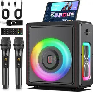 Portable Karaoke Machine with Bluetooth 5.3, 2 Wireless Mics, Pitch/Echo Control, TWS/USB/TF/AUX/Live/REC, Audio Rechargeable PA Speaker