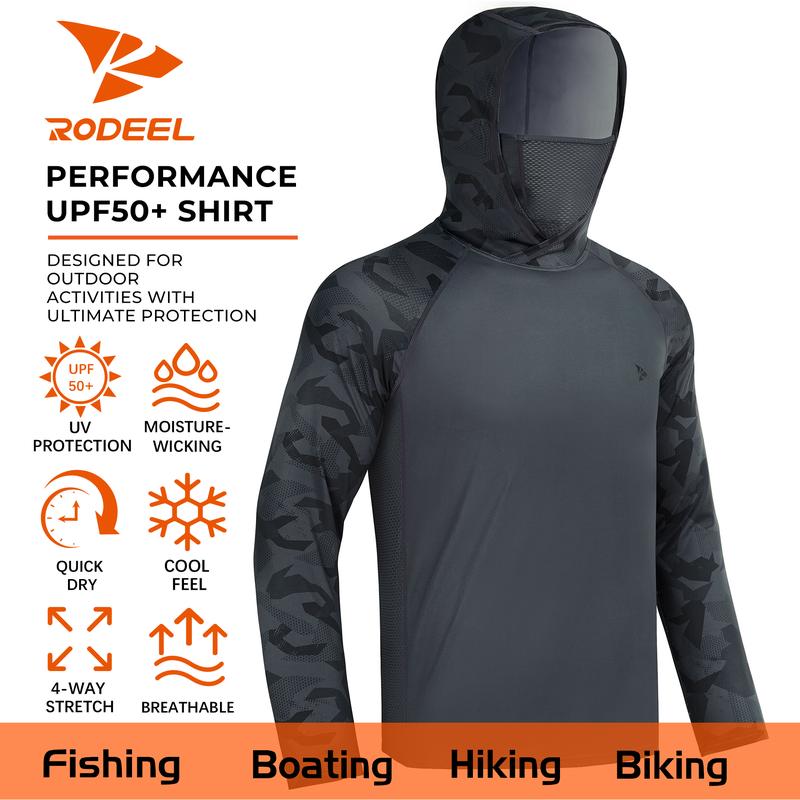 RODEEL 915 Sun Hoodie Shirts with Mask Neck Gaiter Men UPF 50+ UV Protection Raglan Long Sleeve Lightweight Quick Dry Moisture Wicking Breathable Cooling Athletic Activewear for Outdoor Hiking Fishing Boating Biking Sport Construction Roofing Landscaping