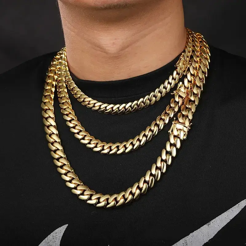 14K Gold Plated Miami Cuban Link Chain Necklace for Men, 6-22MM Heavy Chunky Stainless Steel Gold Chain, Waterproof Tarnish Resistant Hip Hop Jewelry, Streetwear Statement Necklace, Gift for Him