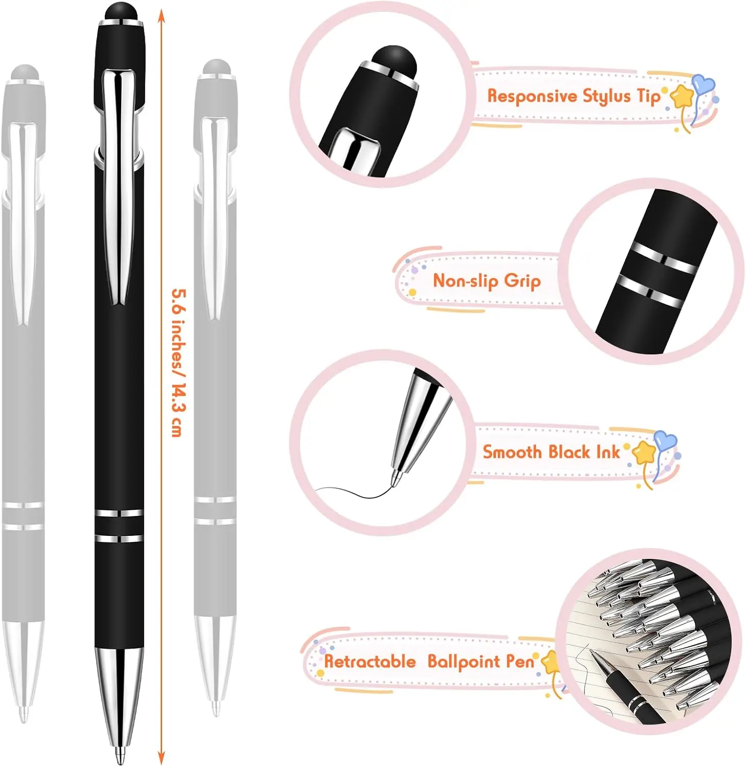 Custom laser engraved 6 Pieces Black Ballpoint Pen with Stylus Tip