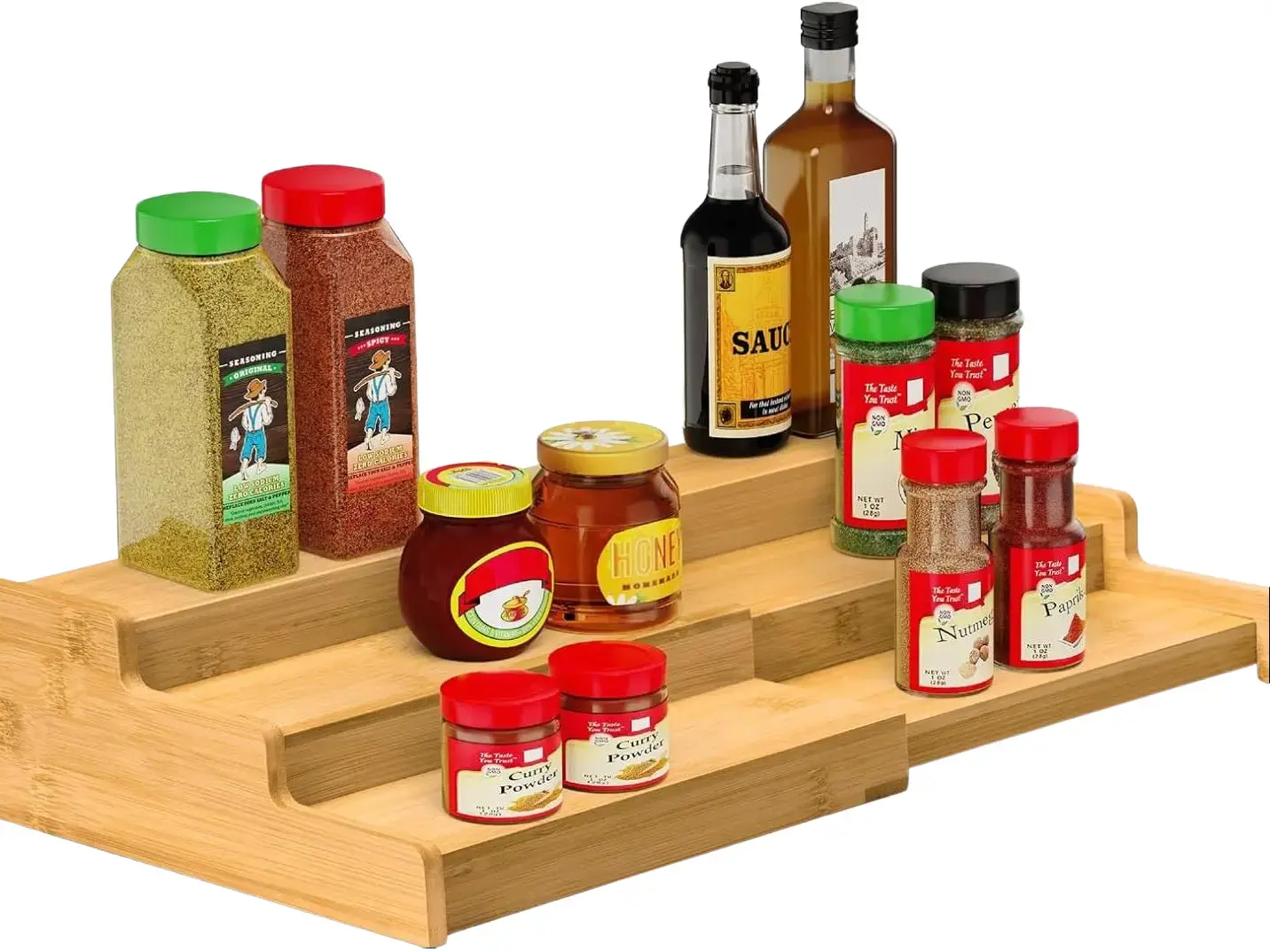 3-Tier Expandable Bamboo Spice Rack, 3-Layer Kitchen Cabinet Organizer for Pantry Storage, Three Tiers