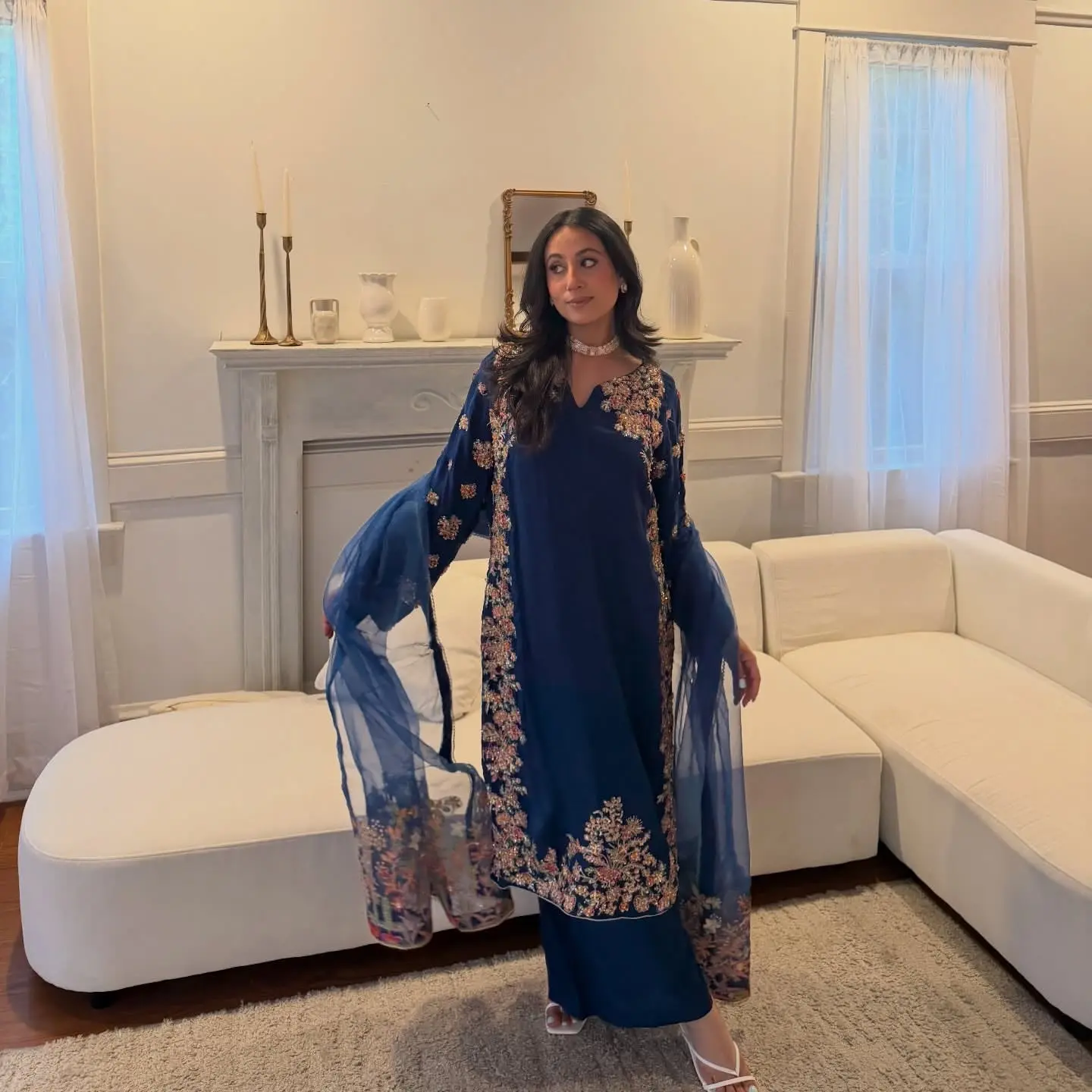 Midnight Royale – Navy Blue Hand-Embellished Silk Palazzo Set