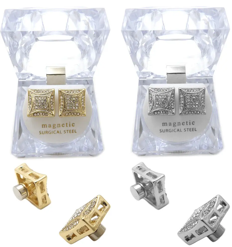 MaxBling81 Gold Plated Magnetic Earrings, Unisex Iced Out Square Studs with Cubic Zirconia, Non-Pierced Hip-Hop Ear Accessories, Gold Plated Earrings, Square Stud Earrings