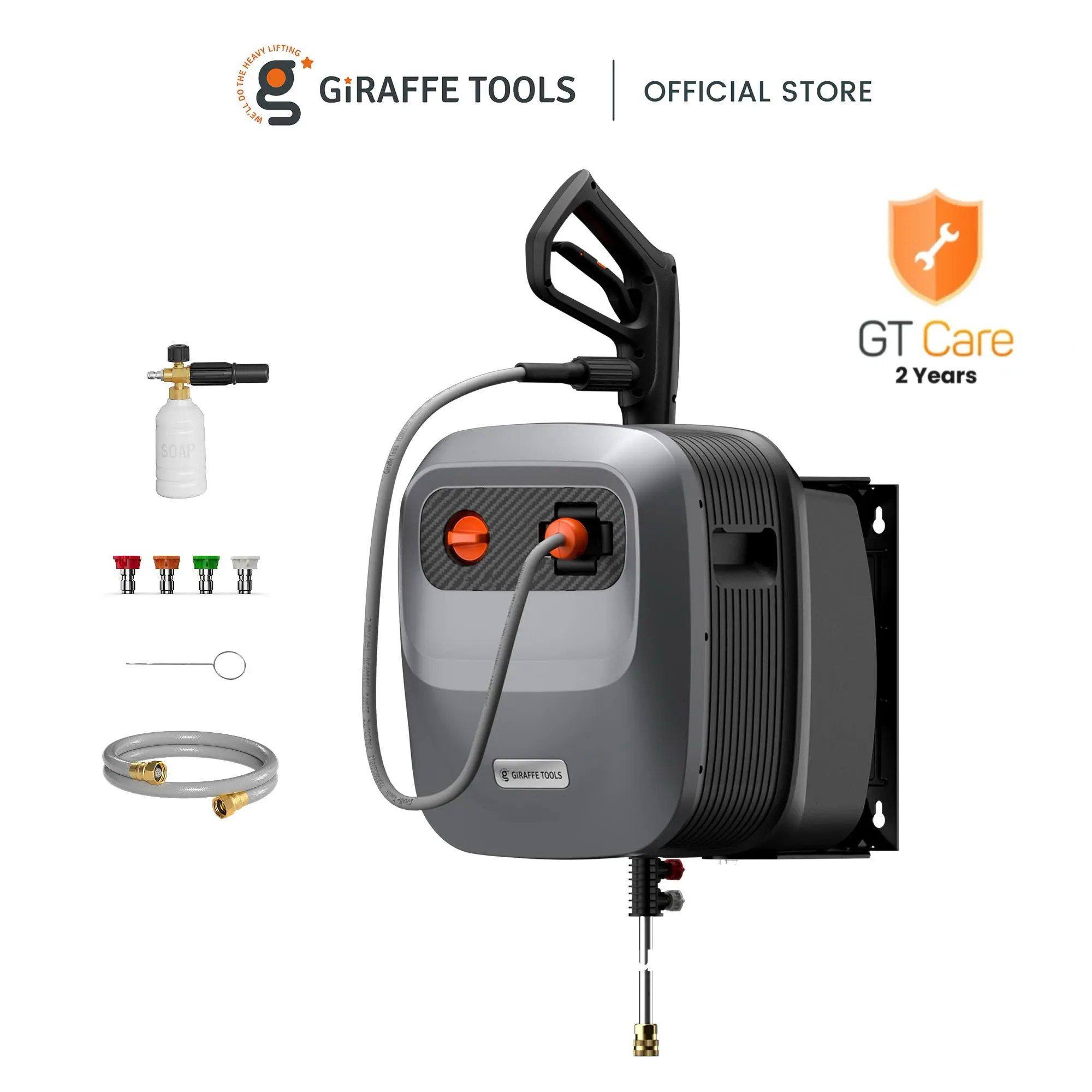 [SummerFinds] Giraffe Tools Grandfalls Retractable Pressure Washer G20 2400 PSI 2.0 GPM ,180° Swivel, Metal Bracket Wall Mounted Power Washer, Auto-Retract with 65ft Pressure Hoses, Any Length Lock, 5 Nozzles for Floor/Cars/Fences/Patios, 2 years warranty