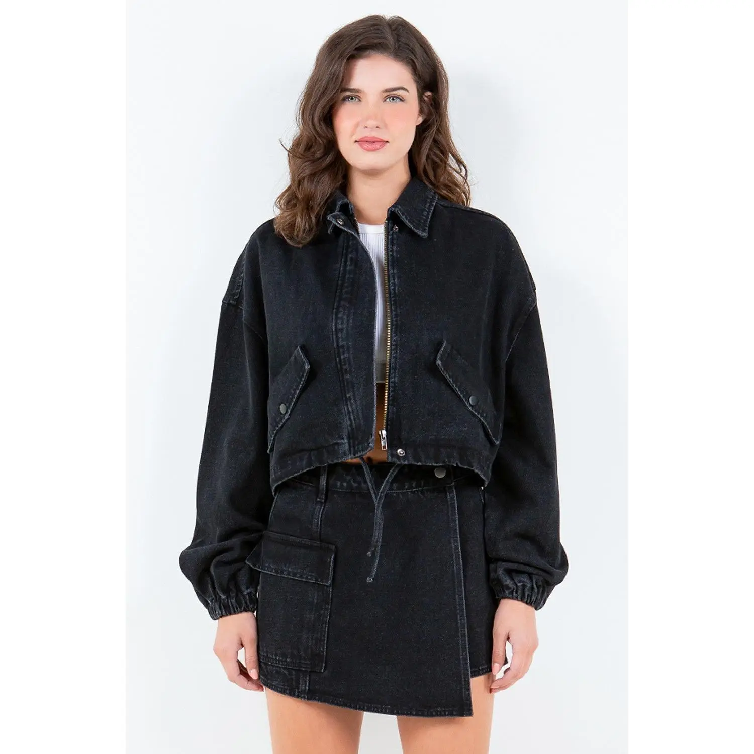 American Bazi Drawstring Waist Crop Denim Jacket