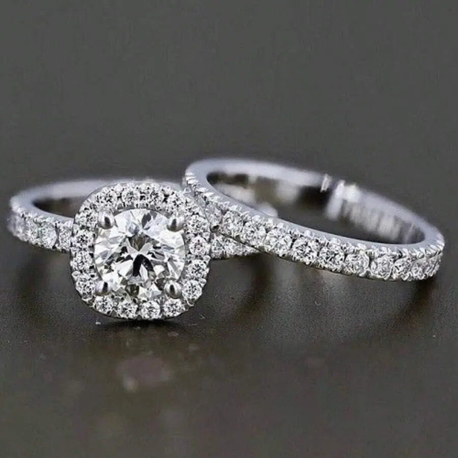 2PCS Wedding Ring Set – Round Bridal & Engagement Rings for Women