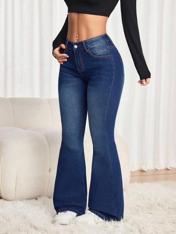 Women's Winter/Fall Pocket Flare Casual Versatile Jeans, Going Out Winter Jeans, Warm Thermal Lined Low-Rise Dark Blue Distressed Flared Pants