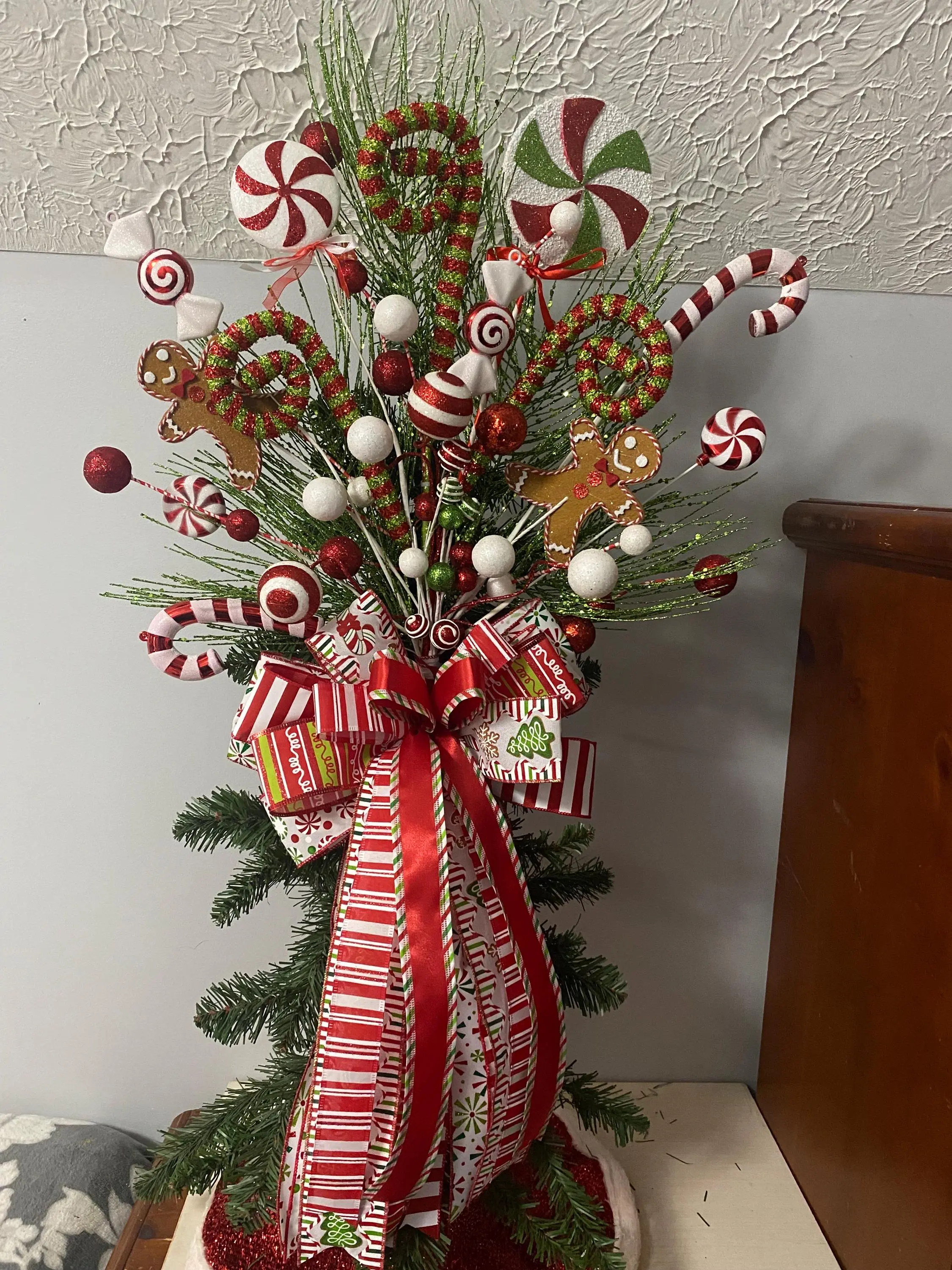 Red and Green Gingerbread Christmas Tree Topper - Whimsical Holiday Decor