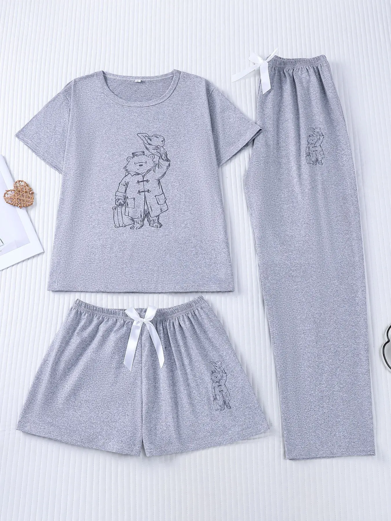 Women's 3-Piece Grey Paddington Bear Print Pajama Set, Matching Pj Set, Round Neck Short Sleeve T-Shirt + Shorts & Pants Combo, British Cartoon IP Style All-Season Casual Loungewear Sleepwear