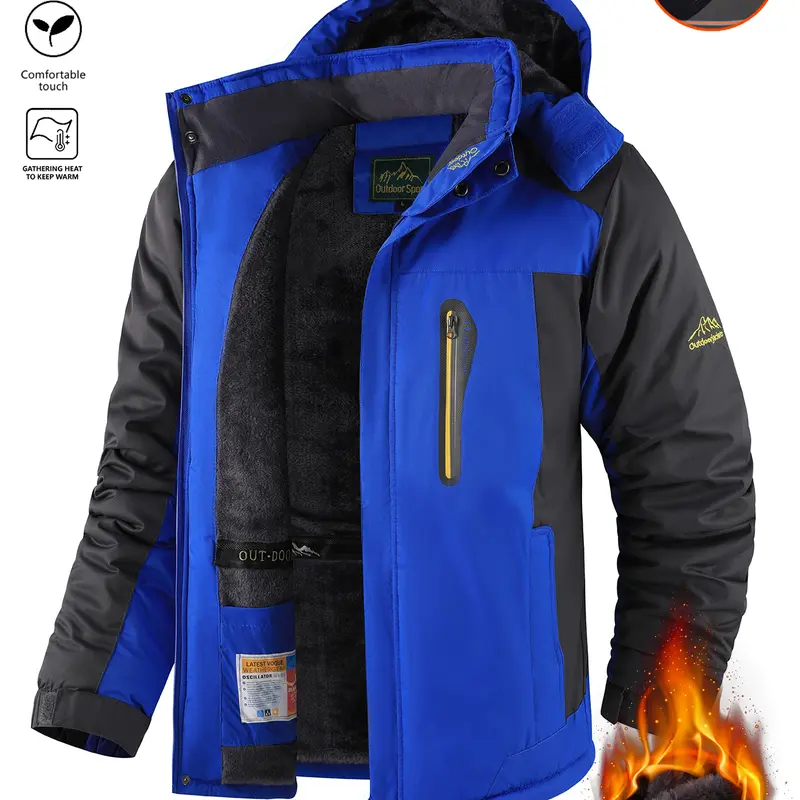 Men's Fitted Outdoor Winter Active Jacket - Fleece-Lined, Waterproof, Windproof, Hooded Thermal Outerwear with Frost Protection for Skiing, Hiking