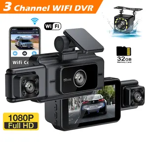 3 Channels Dash Cam With WiFi 3 Cameras Front Inside Rear Car Video Recording Wide Angle Night Vision G-Sensor 24H Monitor with 32G TF Card