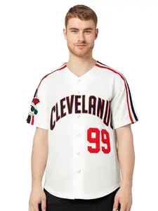 Cleveland 99 Casual V Neck Breathable Baseball Jersey, Embroidered Letter Design, Button Front Loose Fit Tee for Men & Women