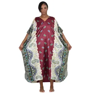 Up2date Fashion Women Satin Caftan in Burgundy Paisley Prints, One Size Kaftan/Muumuu, Style Caf-04C2