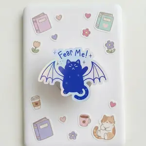Fear Me Bat Cat Phone Grip, Spooky Cute Blue Kitten with Wings Phone Stand, Kawaii Halloween Accessory, Funny Grumpy Cat Gift for Her, Aesthetic Gothic Phone Holder, Unique Foldable Smartphone Grip