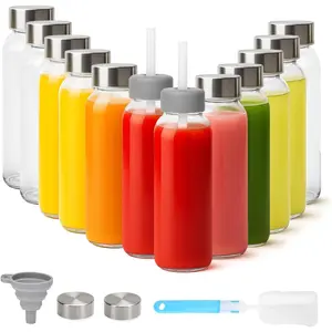 with Lids & Straw 16 oz, 12 Pack Reusable Juice With Stainless Cap for Juicing, Leak Clear Smoothie Drinking Jars Beverages Containers, BPA Free