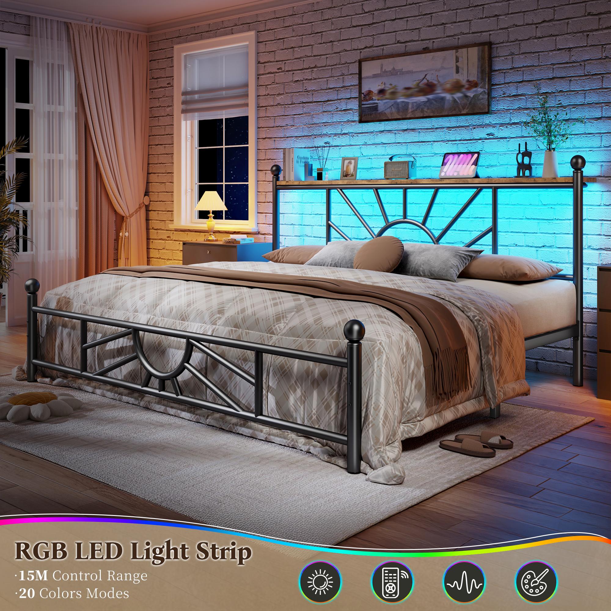 【1300 lbs Capacity】King Queen Full Metal Bed Frame with Headboard & LED, NO MATTRESS,Under Bed Storage Space & Strong Metal Slats, Iron Bed Frame, Noise-Free, Easy Assembly, Modern Bedroom Furniture,Easy Assembly,Black