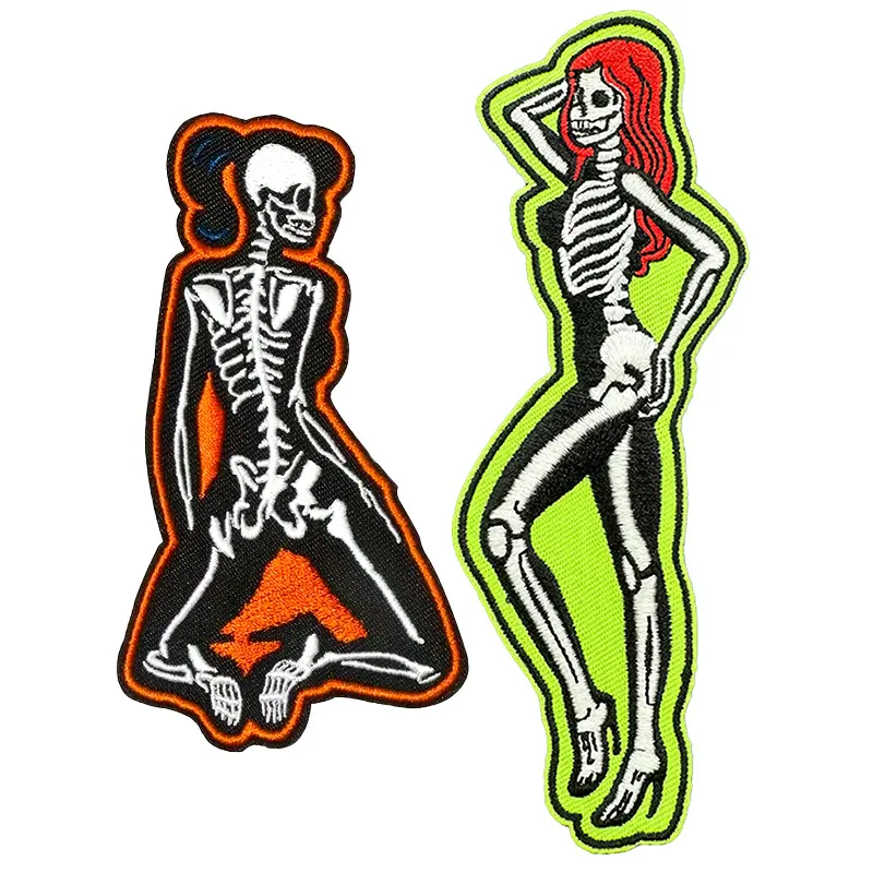 1-Pair (2pcs) Punk-Style Glow-Dark Skull Shape Iron-On Embroidered Patches, Durable Polyester Fabric Badges, Beginner-Friendly Easy-to-Apply for Clothing, Accessories, Halloween