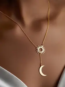 Women's Sun Moon Pendant Necklace, Y-Shape Design, Elegant Style, Perfect for Daily Wear & Special Occasions