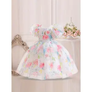 A Bubble-Sleeve Print Princess Dress for Girls, Perfect for a Little Birthday Party Evening Gown