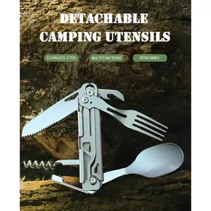 6 in 1 Detachable Camping Utensils Flatware Set, Multifunction Travel Pocket Cutlery Folding Spoon, Fork, Knife, Wine Bottle Can Opener Portable Combo Set Stainless Steel