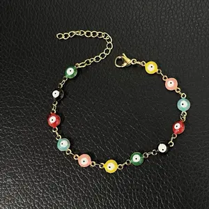 Multicolor Evil Eye Bracelet or Anklet Gold Plated Turkish Protection Jewelry Adjustable Good Luck Charm Colorful Gift for Her or Friend